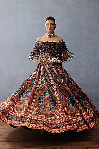 Black Raw Silk Printed Lehenga Set by TORANI