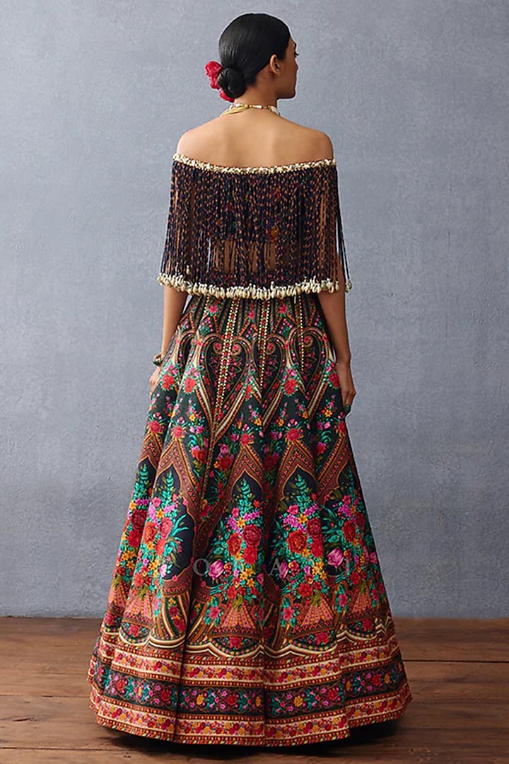 Black Raw Silk Printed Bridal Lehenga Set by TORANI at Pernia's Pop Up Shop