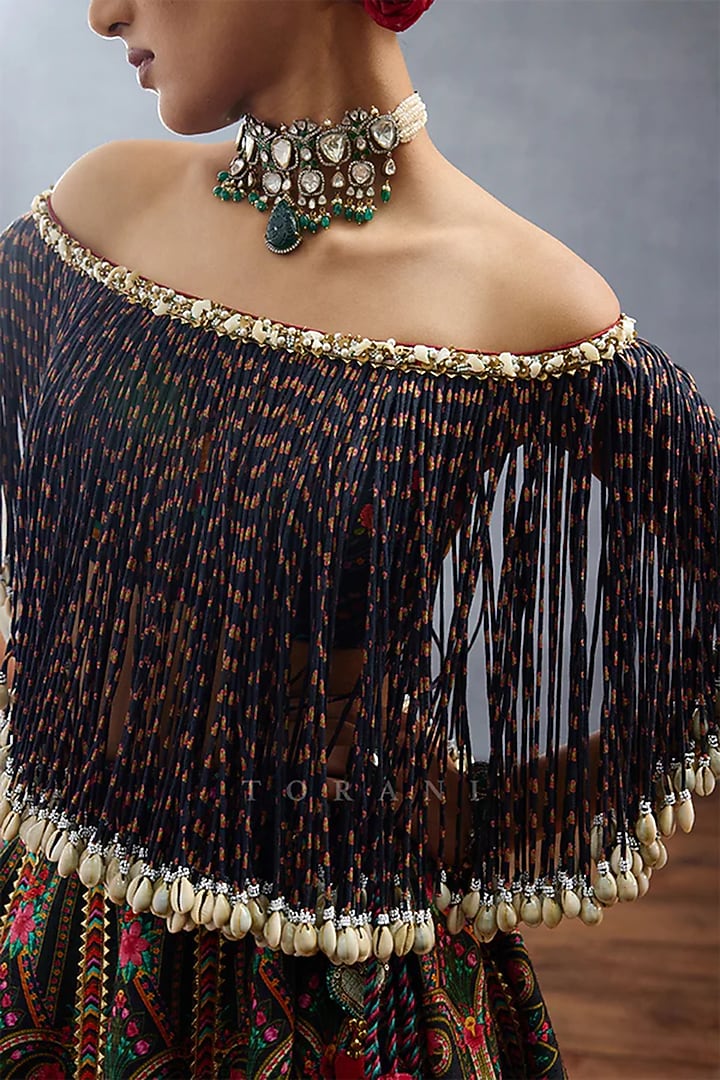 Black Raw Silk Printed Bridal Lehenga Set by TORANI at Pernia's Pop Up Shop