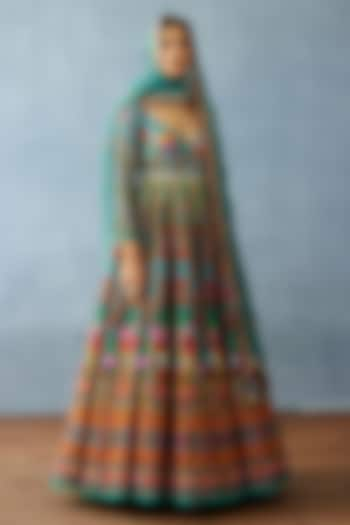 Aqua Blue Silk Slub Digital Printed Anarkali Set by TORANI at Pernia's Pop Up Shop