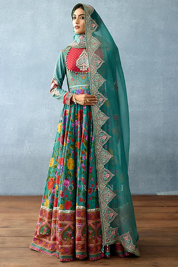 Aqua Blue Jeni Silk Hand Embroidered Bridal Anarkali Set by TORANI at Pernia's Pop Up Shop
