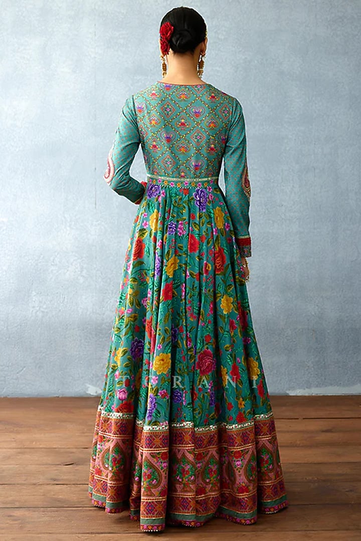 Aqua Blue Jeni Silk Hand Embroidered Bridal Anarkali Set by TORANI at Pernia's Pop Up Shop