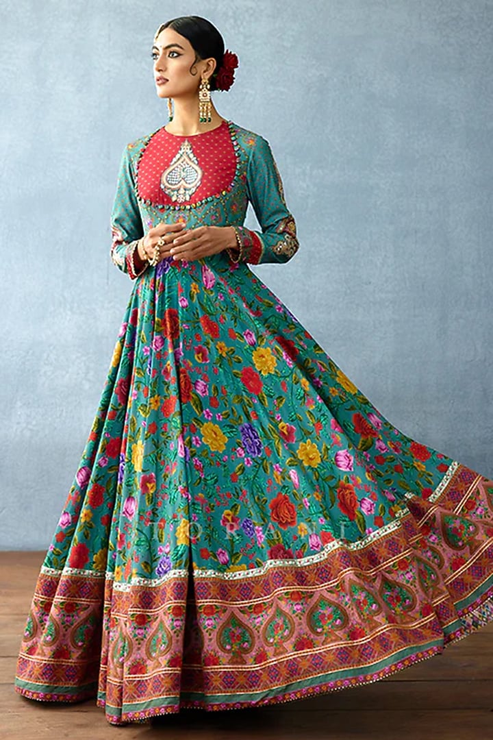 Aqua Blue Jeni Silk Hand Embroidered Bridal Anarkali Set by TORANI at Pernia's Pop Up Shop