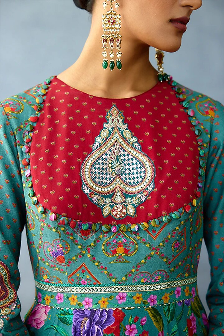 Aqua Blue Jeni Silk Hand Embroidered Bridal Anarkali Set by TORANI at Pernia's Pop Up Shop
