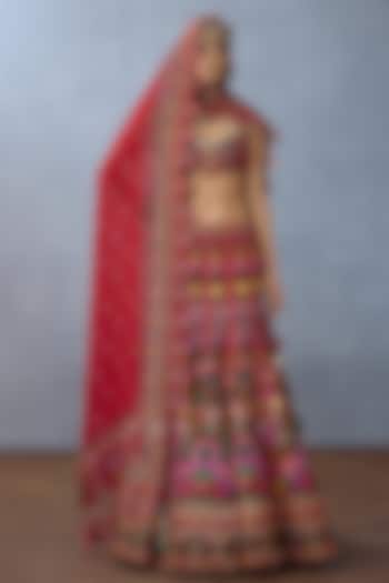Red Jeni Silk & Organza Embellished Bridal lehenga for 22 Lehenga Set by Torani at Pernia's Pop Up Shop