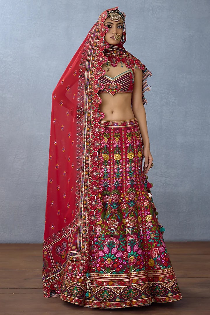 Red Jeni Silk & Organza Embellished Bridal lehenga for 22 Lehenga Set by Torani at Pernia's Pop Up Shop