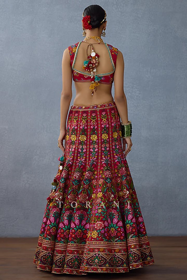 Red Jeni Silk & Organza Embellished Bridal Lehenga Set by Torani at Pernia's Pop Up Shop