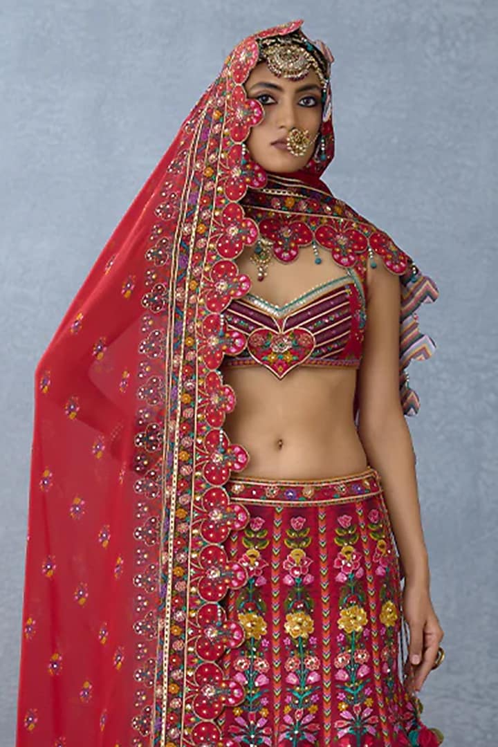 Red Jeni Silk & Organza Embellished Bridal Lehenga Set by Torani at Pernia's Pop Up Shop
