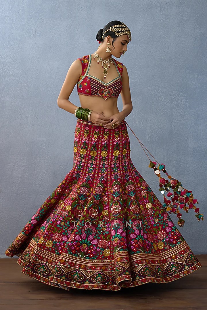 Red Jeni Silk & Organza Embellished Bridal Lehenga Set by Torani at Pernia's Pop Up Shop