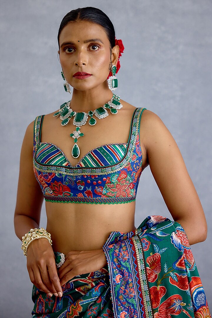 Blue & Green Chanderi Hand Embroidered Bralette by Torani at Pernia's Pop Up Shop