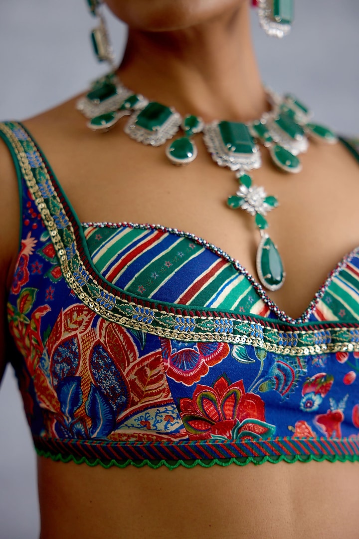 Blue & Green Chanderi Hand Embroidered Bralette by Torani at Pernia's Pop Up Shop