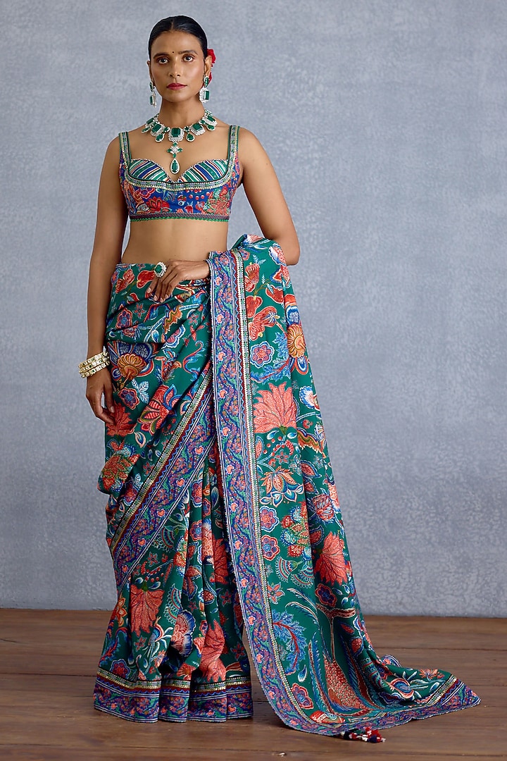 Blue & Green Chanderi Hand Embroidered Bralette by Torani at Pernia's Pop Up Shop