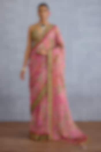 Pink Handwoven Chanderi & Organza Digital Motif Printed Wedding Saree by Torani at Pernia's Pop Up Shop