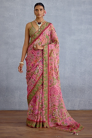 Pink Handwoven Chanderi & Organza Digital Motif Printed Saree by Torani