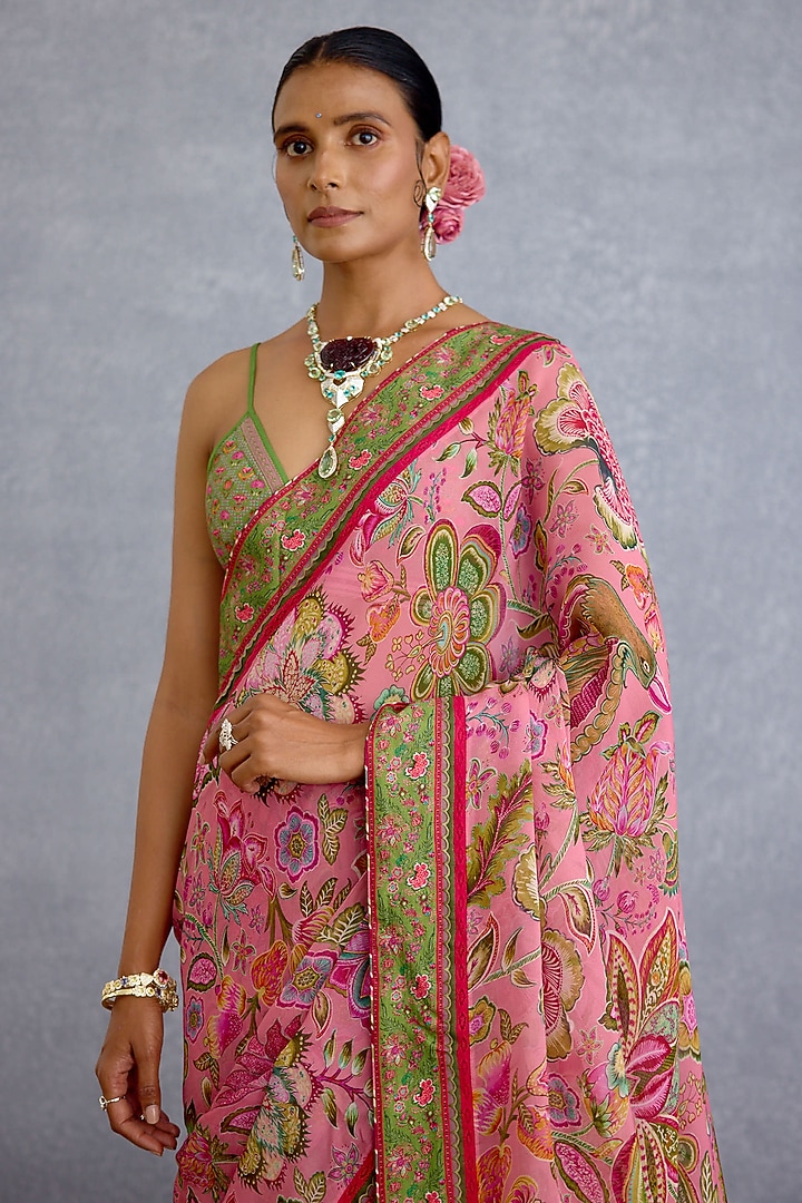 Pink Handwoven Chanderi & Organza Digital Motif Printed Wedding Saree by Torani at Pernia's Pop Up Shop