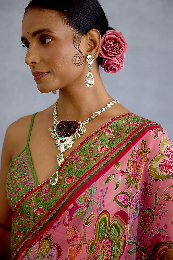 Pink Handwoven Chanderi & Organza Digital Motif Printed Wedding Saree by Torani at Pernia's Pop Up Shop