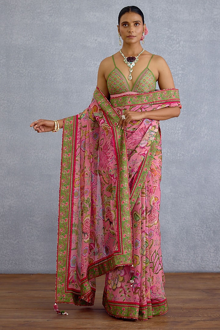 Pink Handwoven Chanderi & Organza Digital Motif Printed Wedding Saree by Torani at Pernia's Pop Up Shop