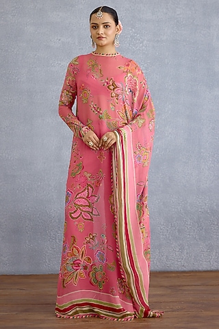 Pink Georgette & Muslin Silk Digital Printed Kaftan Set by Torani