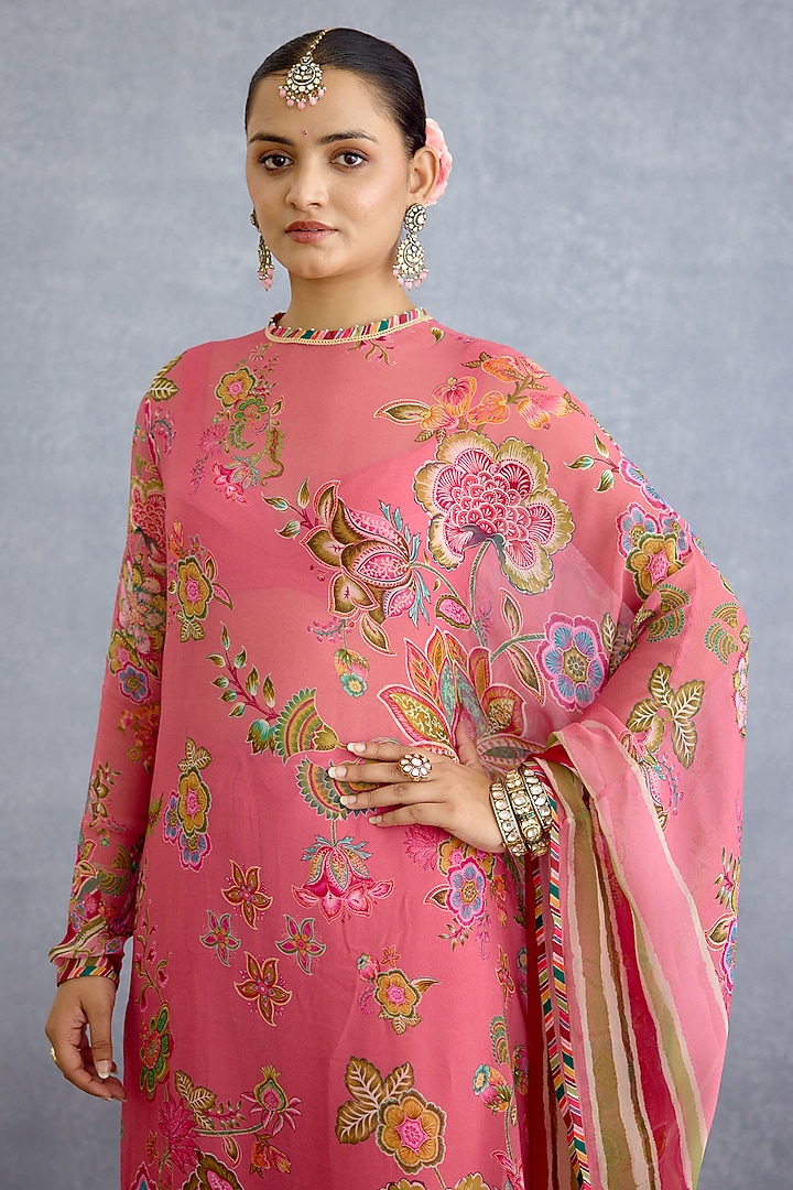 Pink Georgette & Muslin Silk Digital Printed Kaftan Set by Torani at Pernia's Pop Up Shop