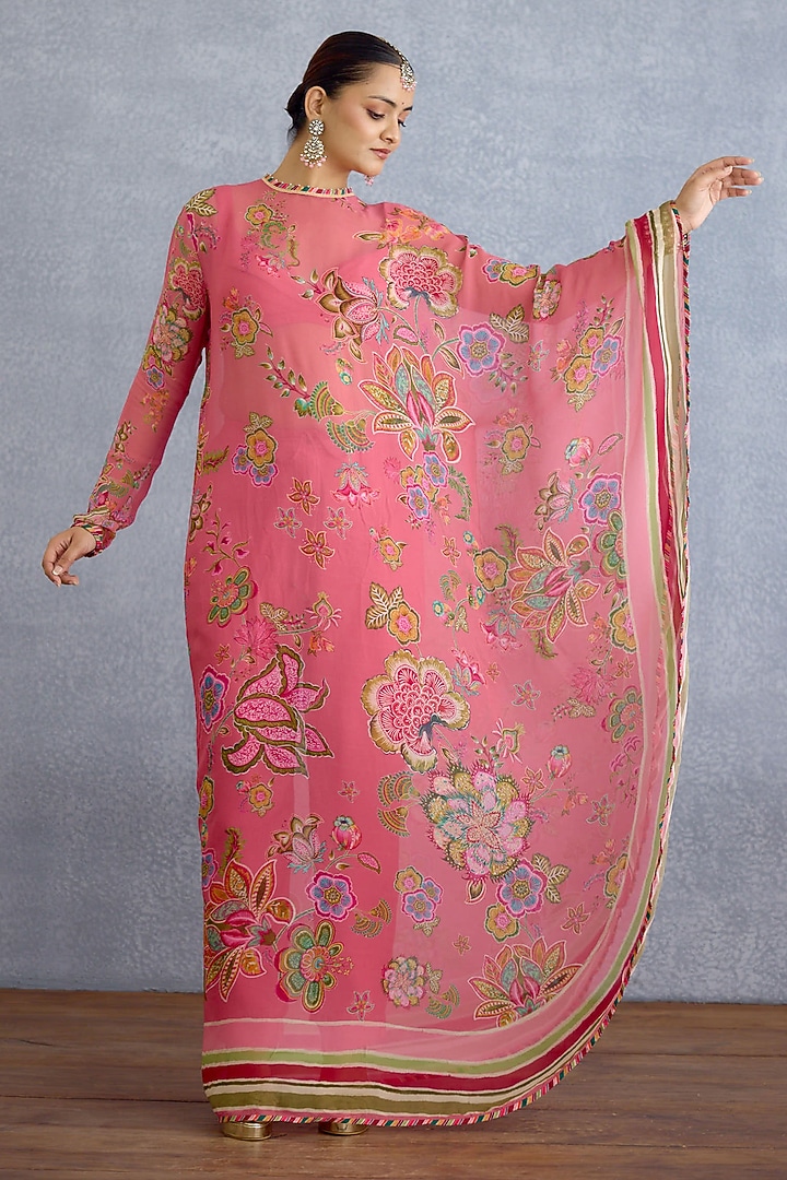 Pink Georgette & Muslin Silk Digital Printed Kaftan Set by Torani at Pernia's Pop Up Shop