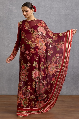 Maroon Georgette & Muslin Silk Digital Printed Kaftan Set by Torani