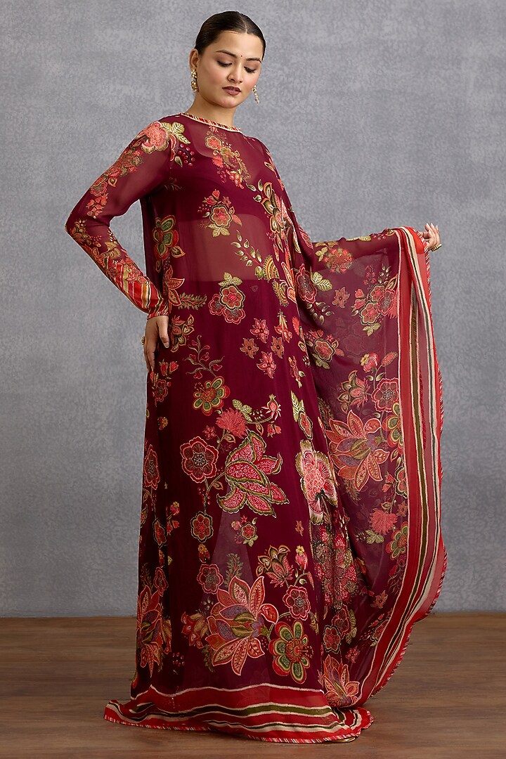 Maroon Georgette & Muslin Silk Digital Printed Kaftan Set by Torani at Pernia's Pop Up Shop