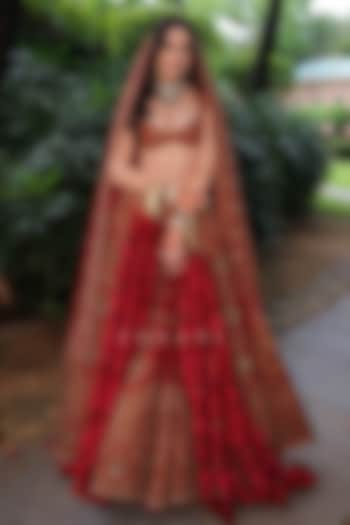 Red Jeni Silk Embroidered Bridal Lehenga Set by TORANI at Pernia's Pop Up Shop