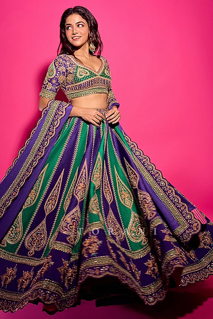 Purple & Green Jeni Silk Dori Embroidered Bridal Lehenga Set by TORANI at Pernia's Pop Up Shop