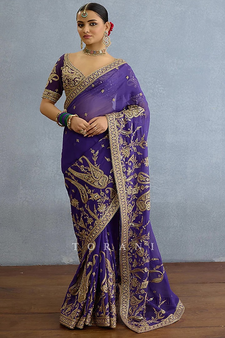 Purple Georgette Dabka Embellished Bridal Saree by TORANI at Pernia's Pop Up Shop
