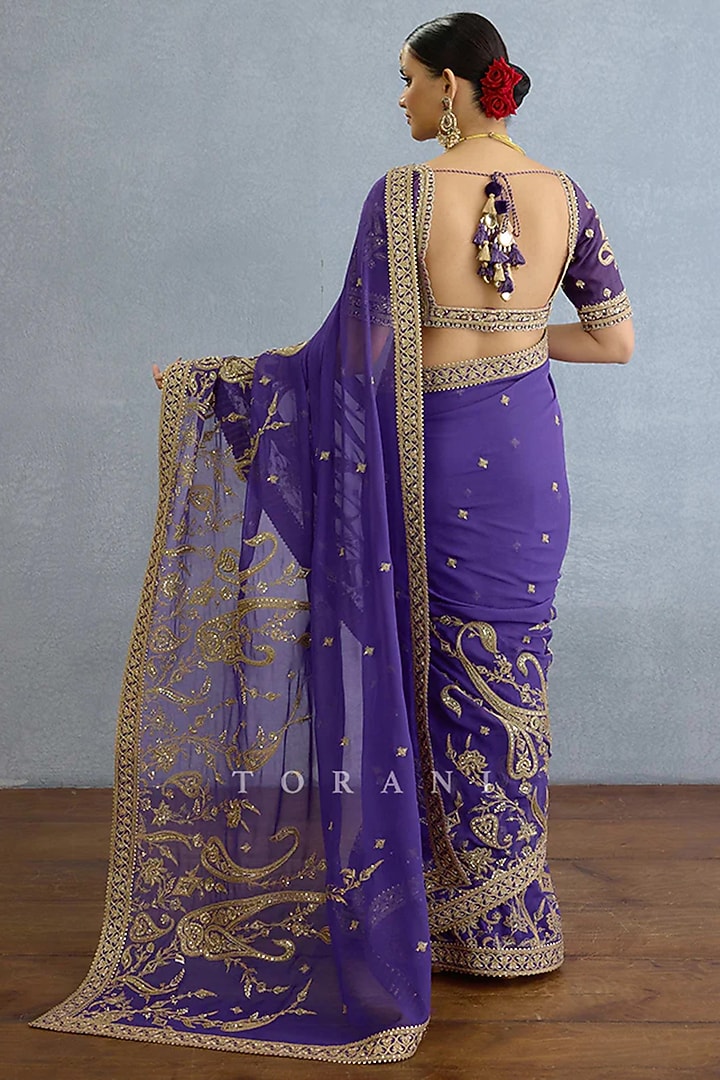 Purple Georgette Dabka Embellished Bridal Saree by TORANI at Pernia's Pop Up Shop