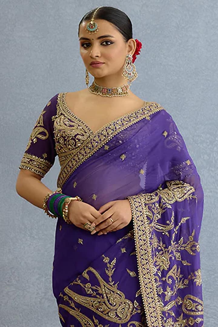 Purple Georgette Dabka Embellished Bridal Saree by TORANI at Pernia's Pop Up Shop