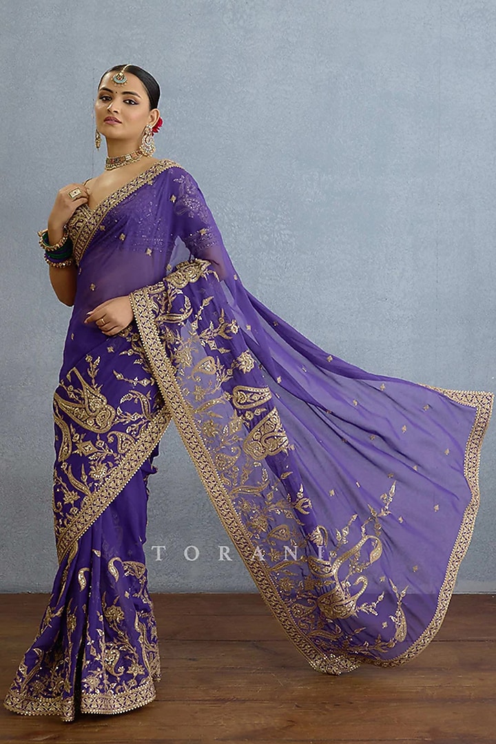 Purple Georgette Dabka Embellished Bridal Saree by TORANI at Pernia's Pop Up Shop