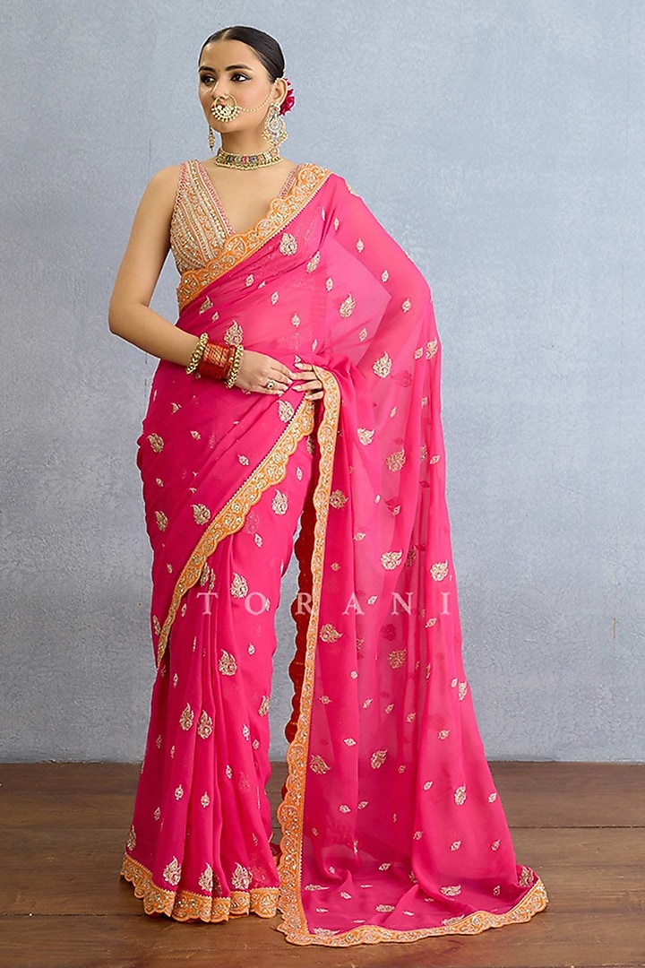 Pink Georgette Cutdana & Pearl Embroidered Bridal Saree by TORANI at Pernia's Pop Up Shop