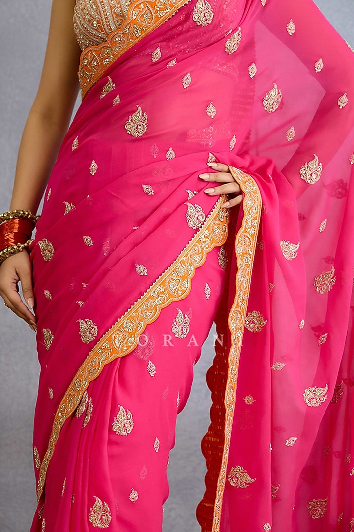 Pink Georgette Cutdana & Pearl Embroidered Bridal Saree by TORANI at Pernia's Pop Up Shop