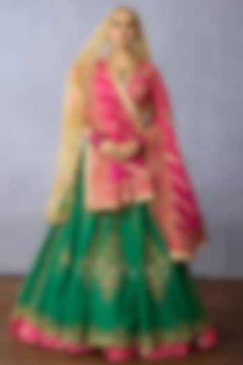 Green & Pink Jeni Silk Dabka Work Bridal Lehenga Set by TORANI at Pernia's Pop Up Shop