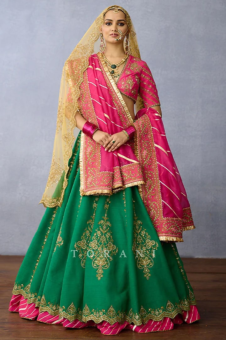 Green & Pink Jeni Silk Dabka Work Bridal Lehenga Set by TORANI at Pernia's Pop Up Shop