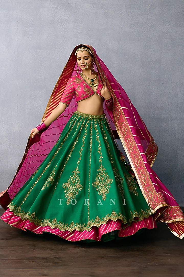 Green & Pink Jeni Silk Dabka Work Bridal Lehenga Set by TORANI at Pernia's Pop Up Shop