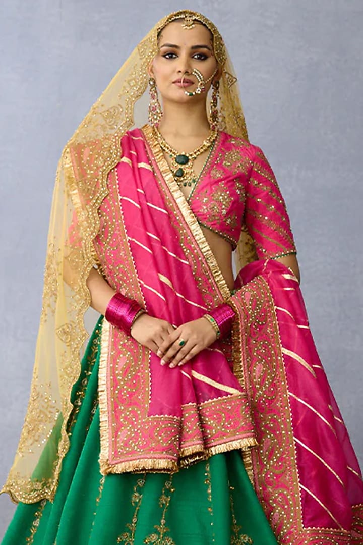 Green & Pink Jeni Silk Dabka Work Bridal Lehenga Set by TORANI at Pernia's Pop Up Shop