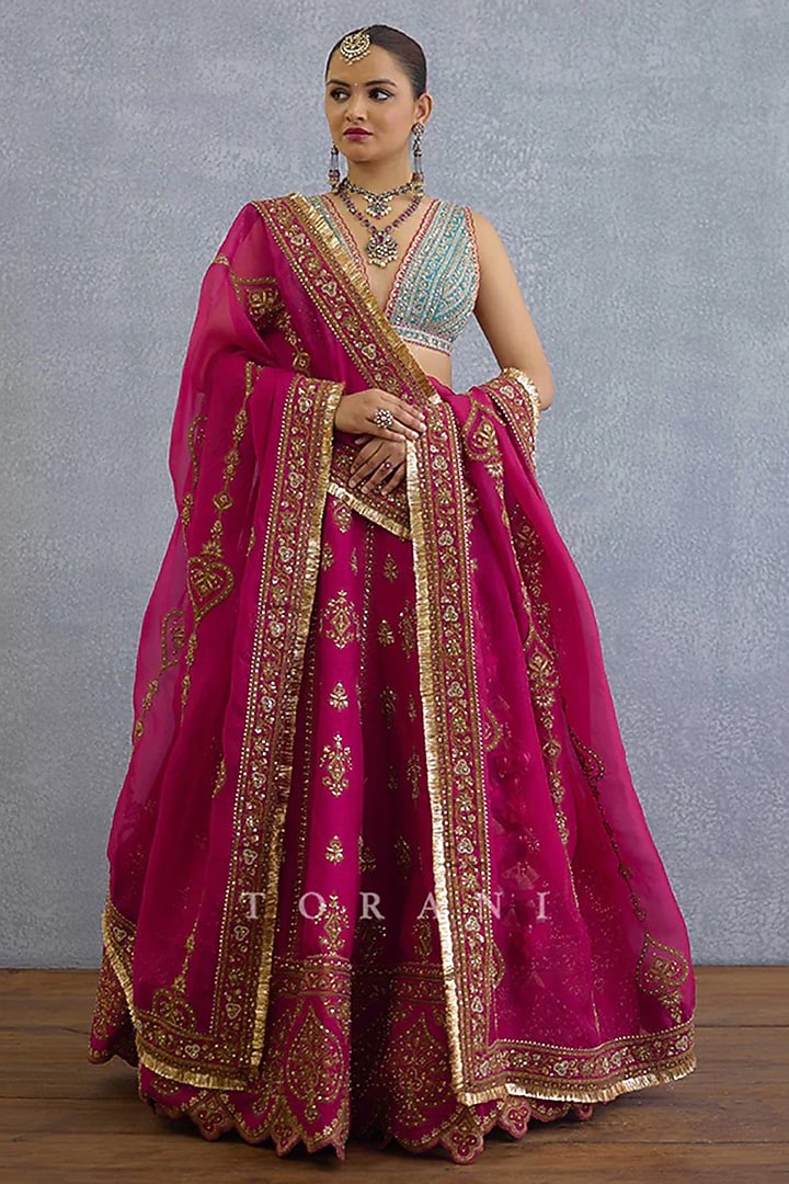 Pink Organza Embroidered Bridal Lehenga Set by TORANI at Pernia's Pop Up Shop