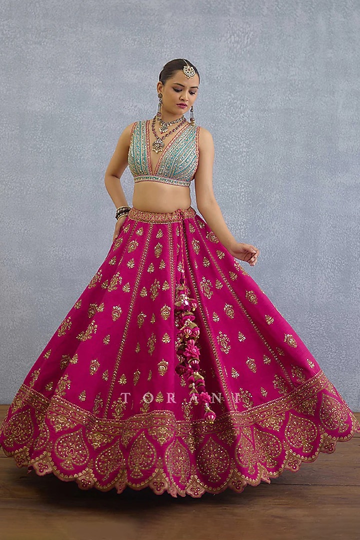Pink Organza Embroidered Bridal Lehenga Set by TORANI at Pernia's Pop Up Shop