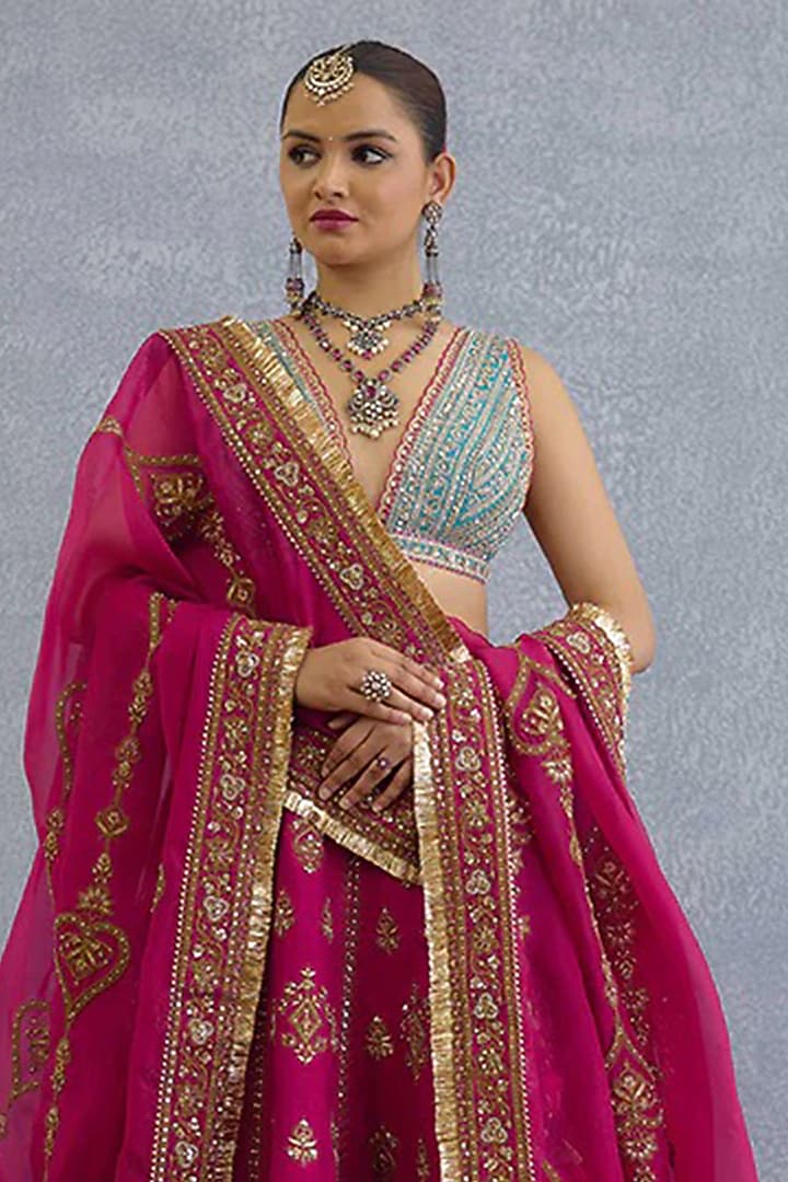 Pink Organza Embroidered Bridal Lehenga Set by TORANI at Pernia's Pop Up Shop