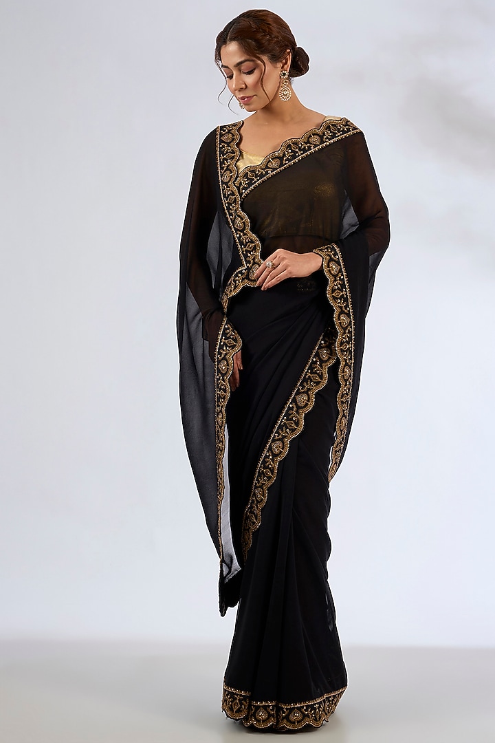 Black Georgette Embroidered Wedding Saree by Torani at Pernia's Pop Up Shop