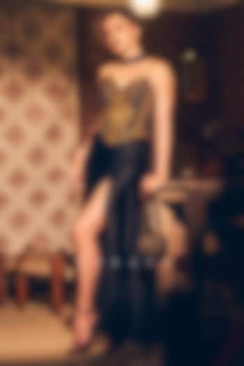 Black Satin Lycra Draped Skirt Set by TORANI at Pernia's Pop Up Shop