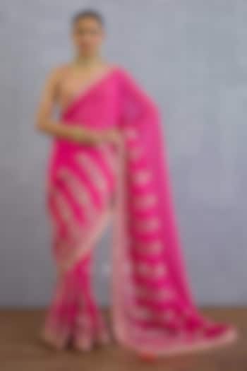 Pink Georgette Dabka & Pearl Embroidered Reception Saree by TORANI at Pernia's Pop Up Shop