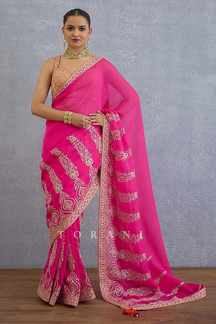 Pink Georgette Dabka & Pearl Embroidered Reception Saree by TORANI at Pernia's Pop Up Shop