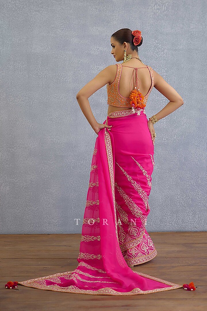 Pink Georgette Dabka & Pearl Embroidered Reception Saree by TORANI at Pernia's Pop Up Shop