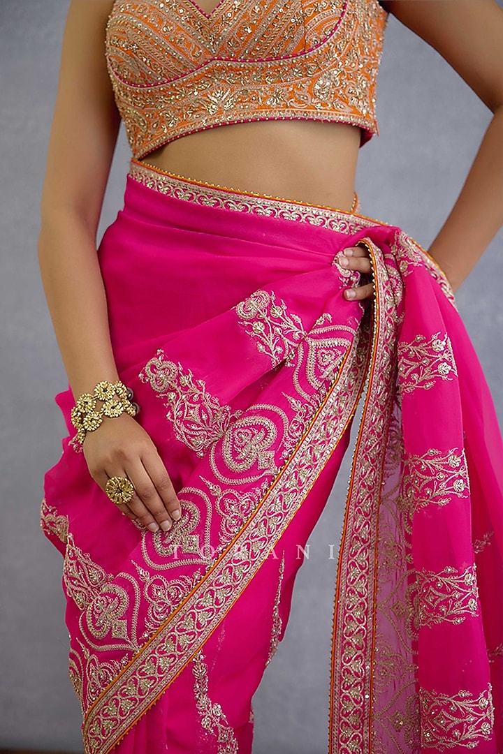Pink Georgette Dabka & Pearl Embroidered Reception Saree by TORANI at Pernia's Pop Up Shop
