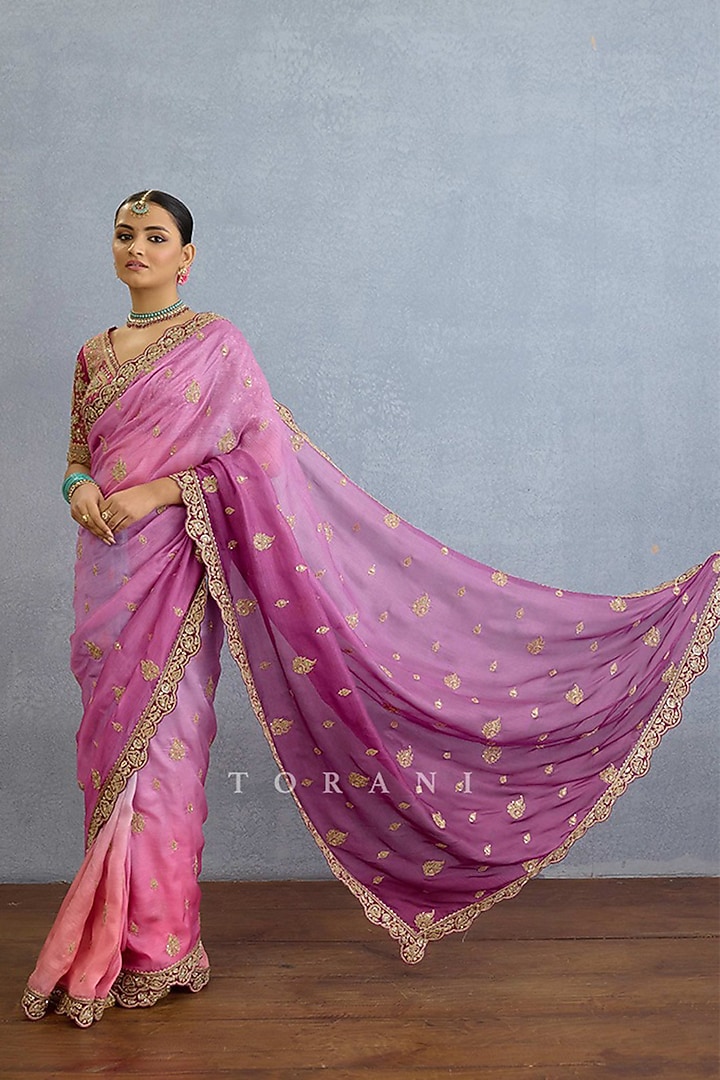 Purple Ombre Organza Cutdana & Pearl Embroidered Reception Saree Set by TORANI at Pernia's Pop Up Shop