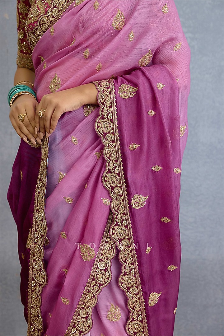 Purple Ombre Organza Cutdana & Pearl Embroidered Reception Saree Set by TORANI at Pernia's Pop Up Shop