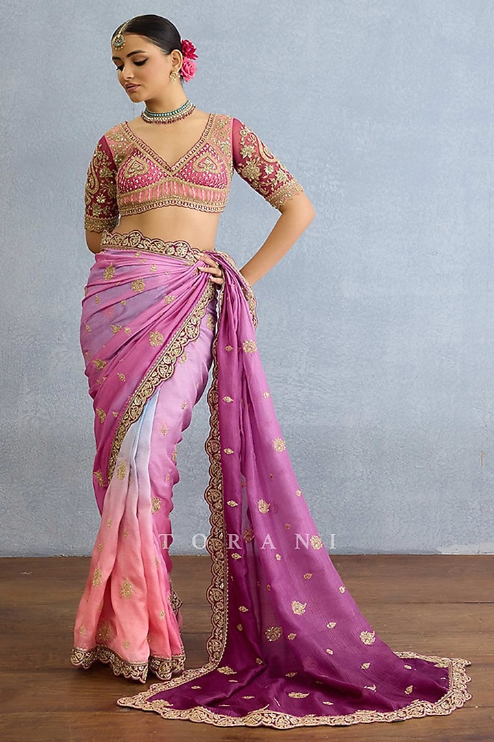 Purple Ombre Organza Cutdana & Pearl Embroidered Reception Saree Set by TORANI at Pernia's Pop Up Shop